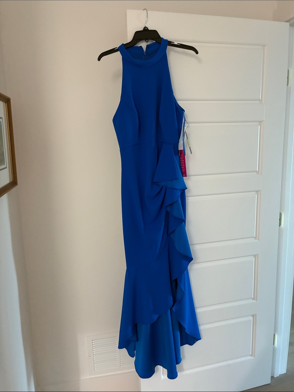 Betsy & Adam Royal Blue High-Low Ruffle Halter Dress